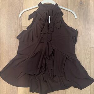 Elegant Brown Sleeveless Ruffle Top